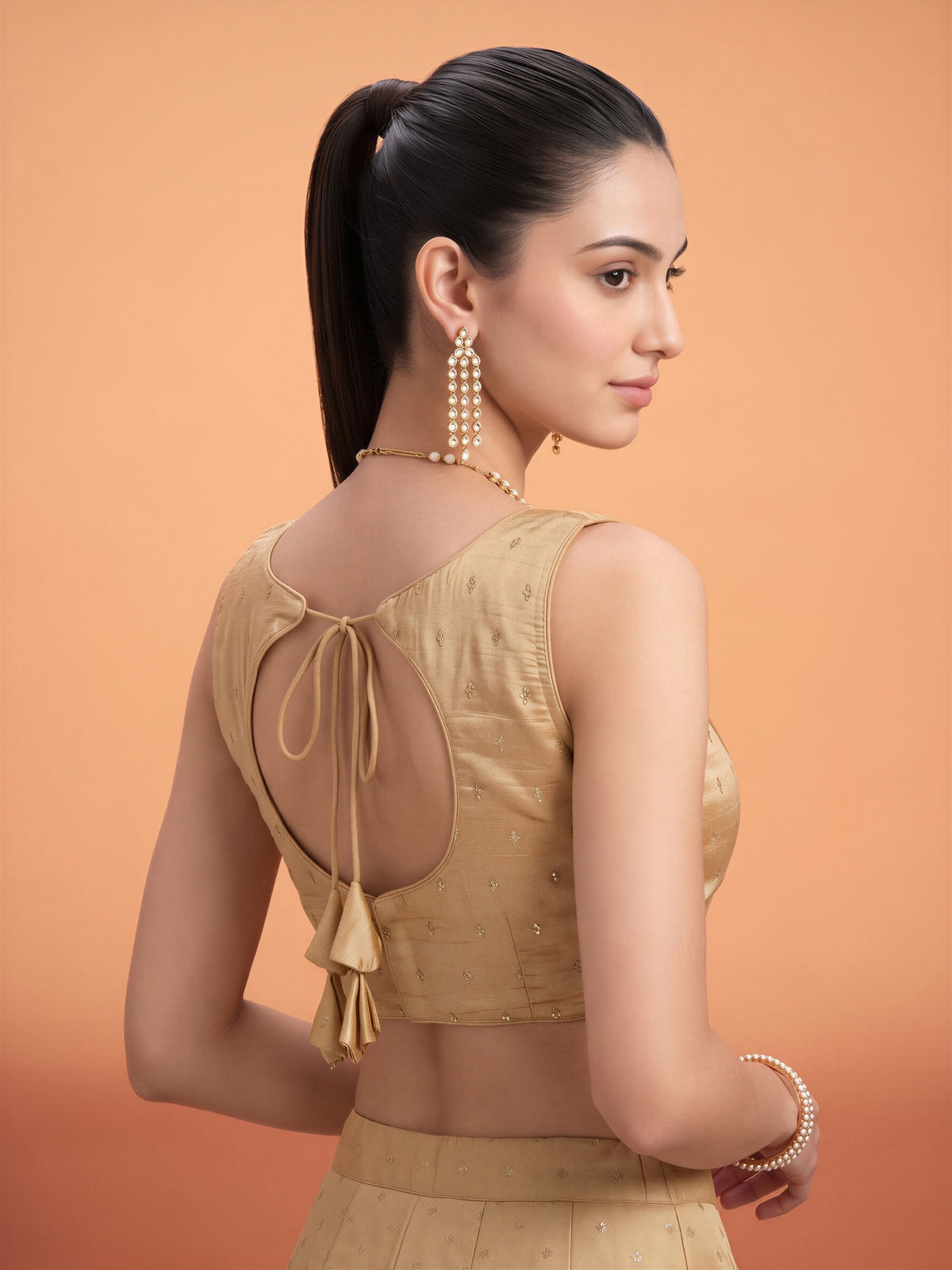 Cream sequin embellished silk blend sleeveless readymade saree blouse with round neck view 1