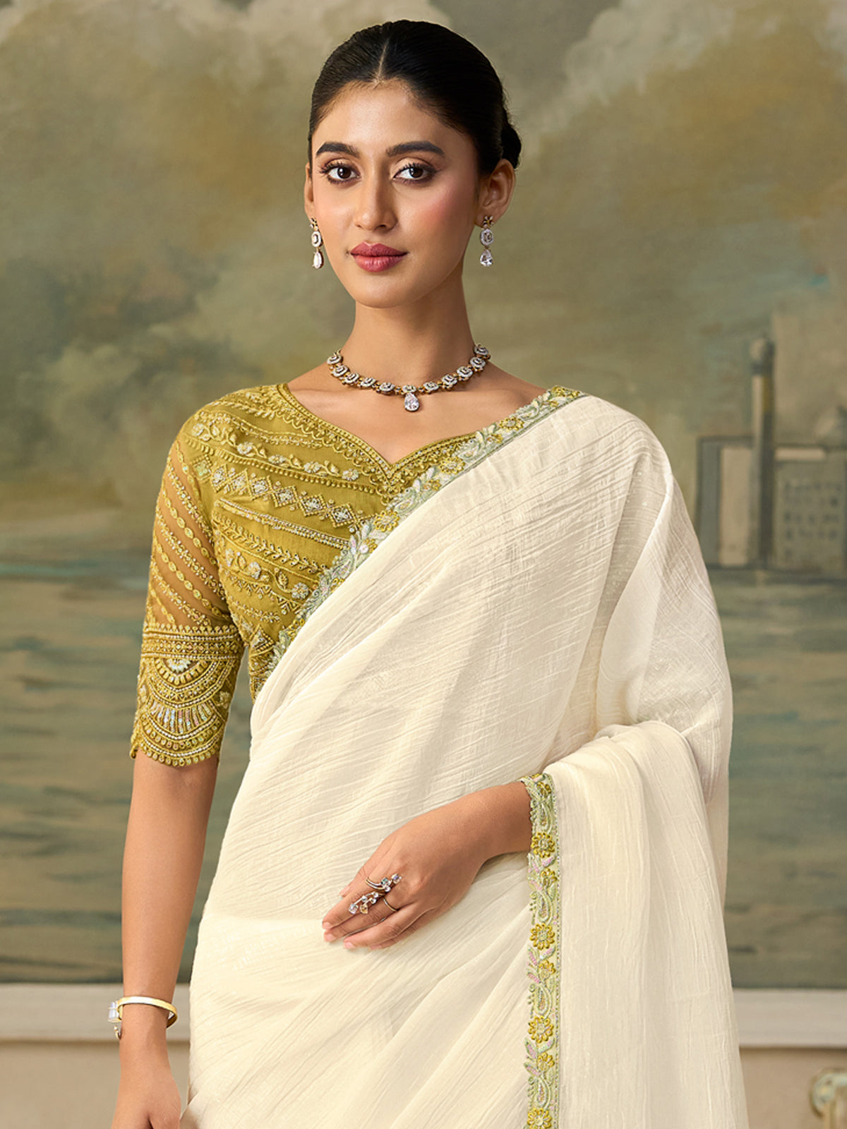 White Chiffon saree – detail view 2