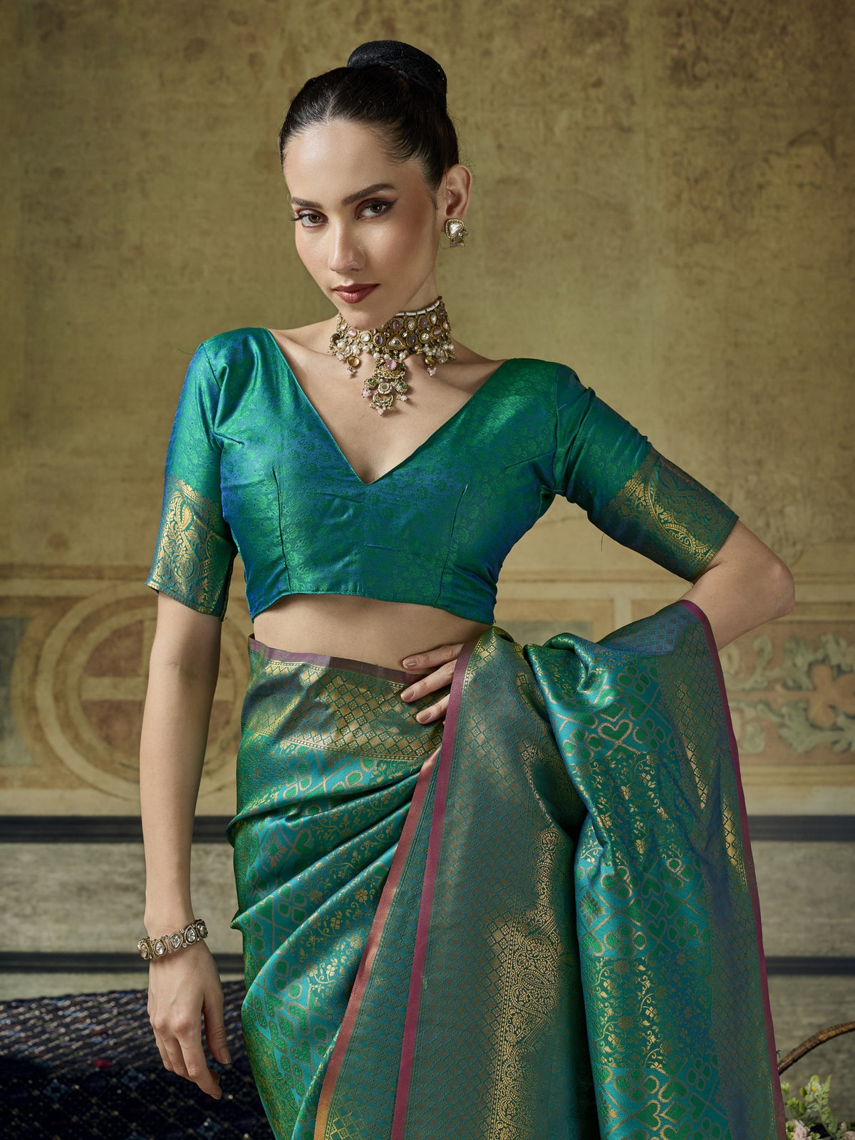 Teal Blue Pure Silk saree – detail view 2