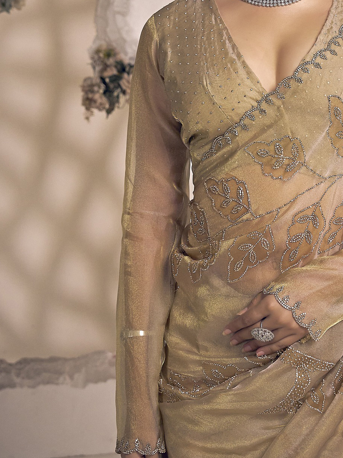 Unstitched champagne organza blouse piece with embellished design