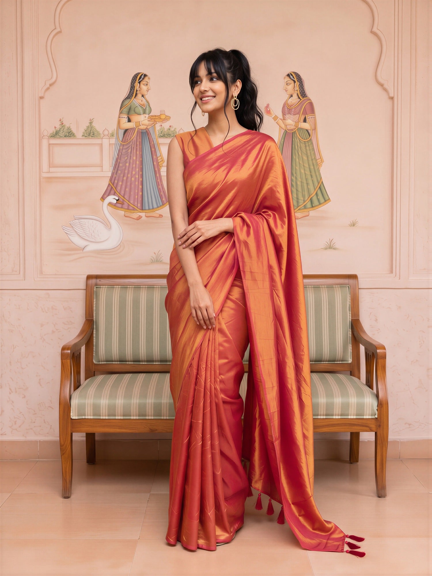 Orange Vichitra Silk saree – detail view 3