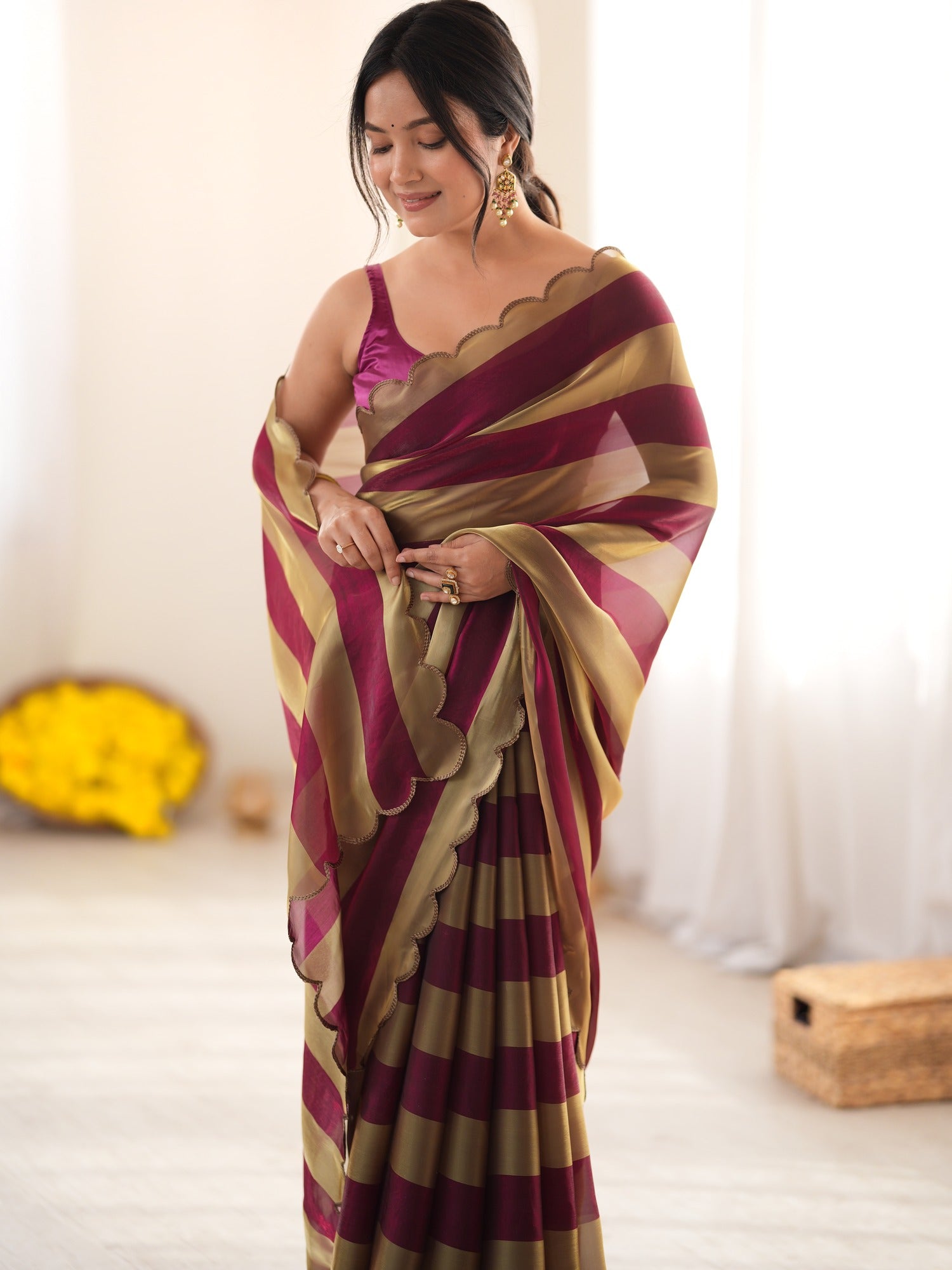 Wine Satin saree – detail view 4