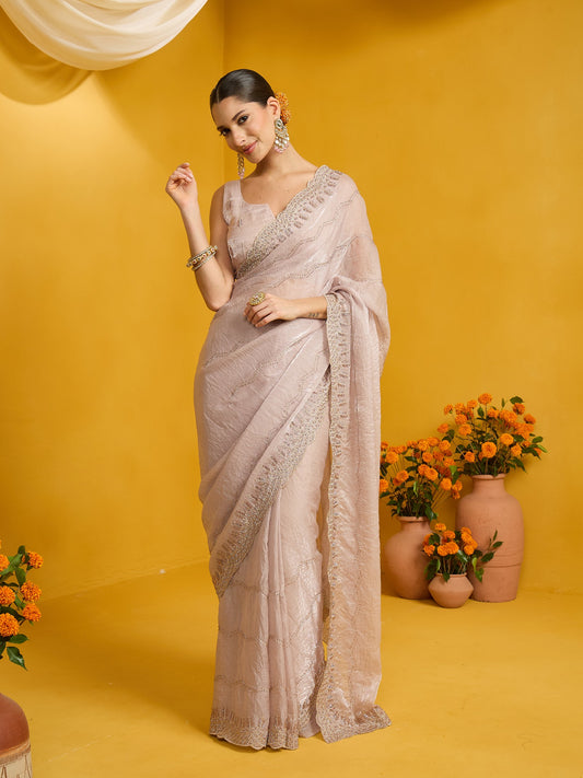 Woman wearing beige satin silk saree with ornamented surface design and beige blouse