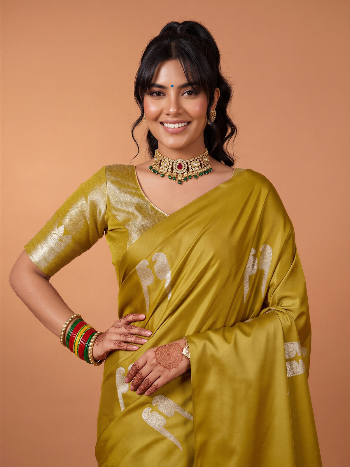 Olive Satin saree – detail view 4
