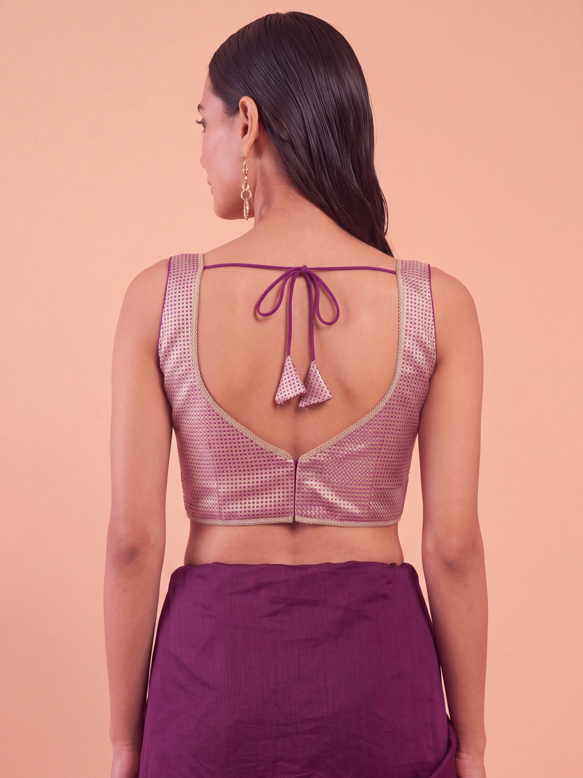 Maroon woven metallic jacquard sleeveless readymade saree blouse with sweetheart neck view 1