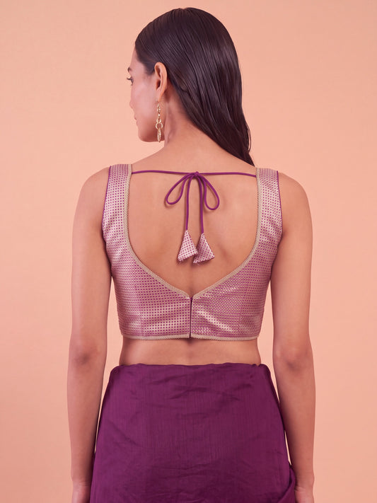 Maroon woven metallic jacquard sleeveless readymade saree blouse with sweetheart neck view 1