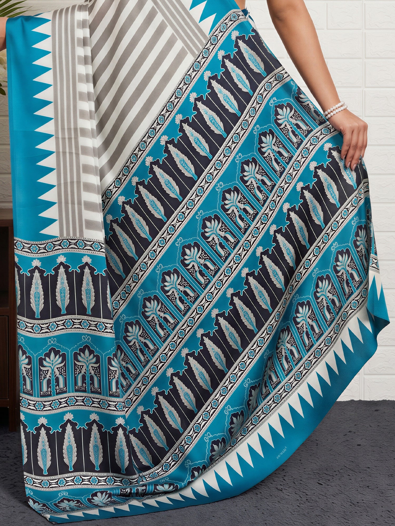 Teal Blue Satin saree – detail view 5