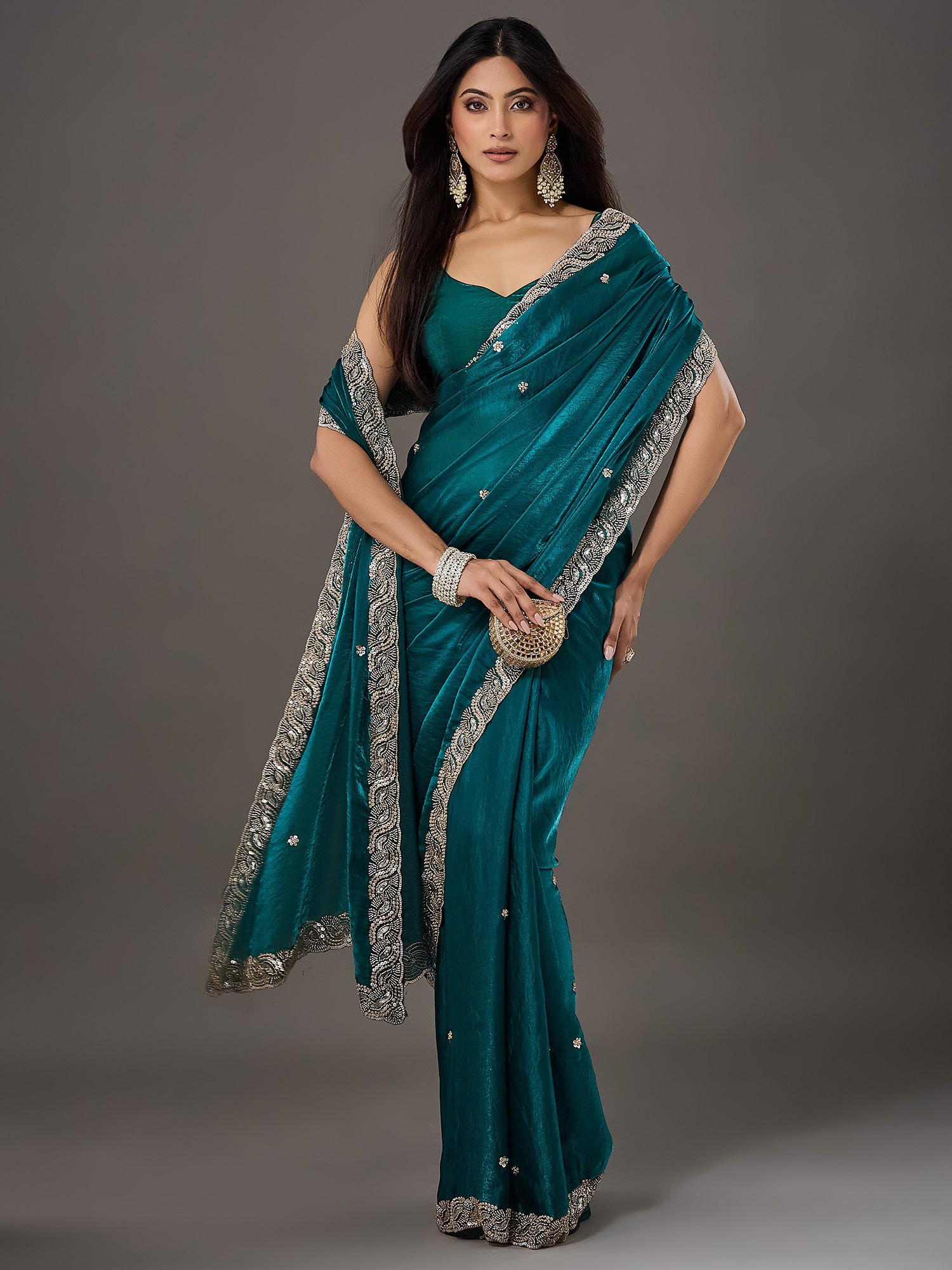 Teal Green Satin saree – detail view 1