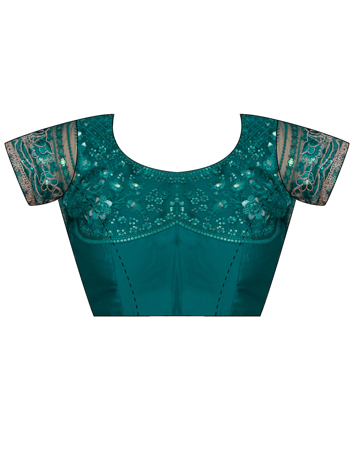 Unstitched teal green satin silk blouse piece with embellished design