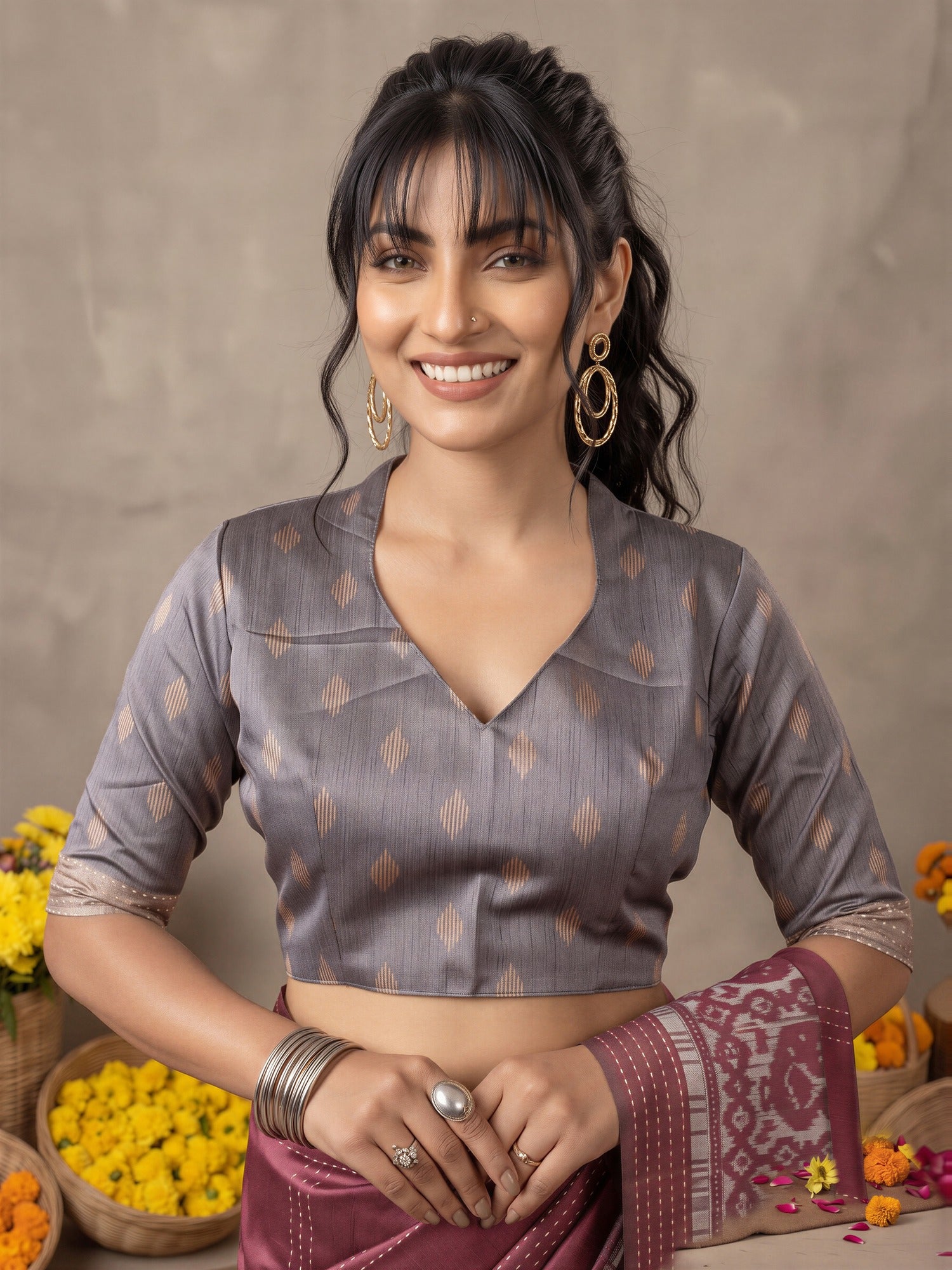 Unstitched grey silk cotton blouse piece with geometric design
