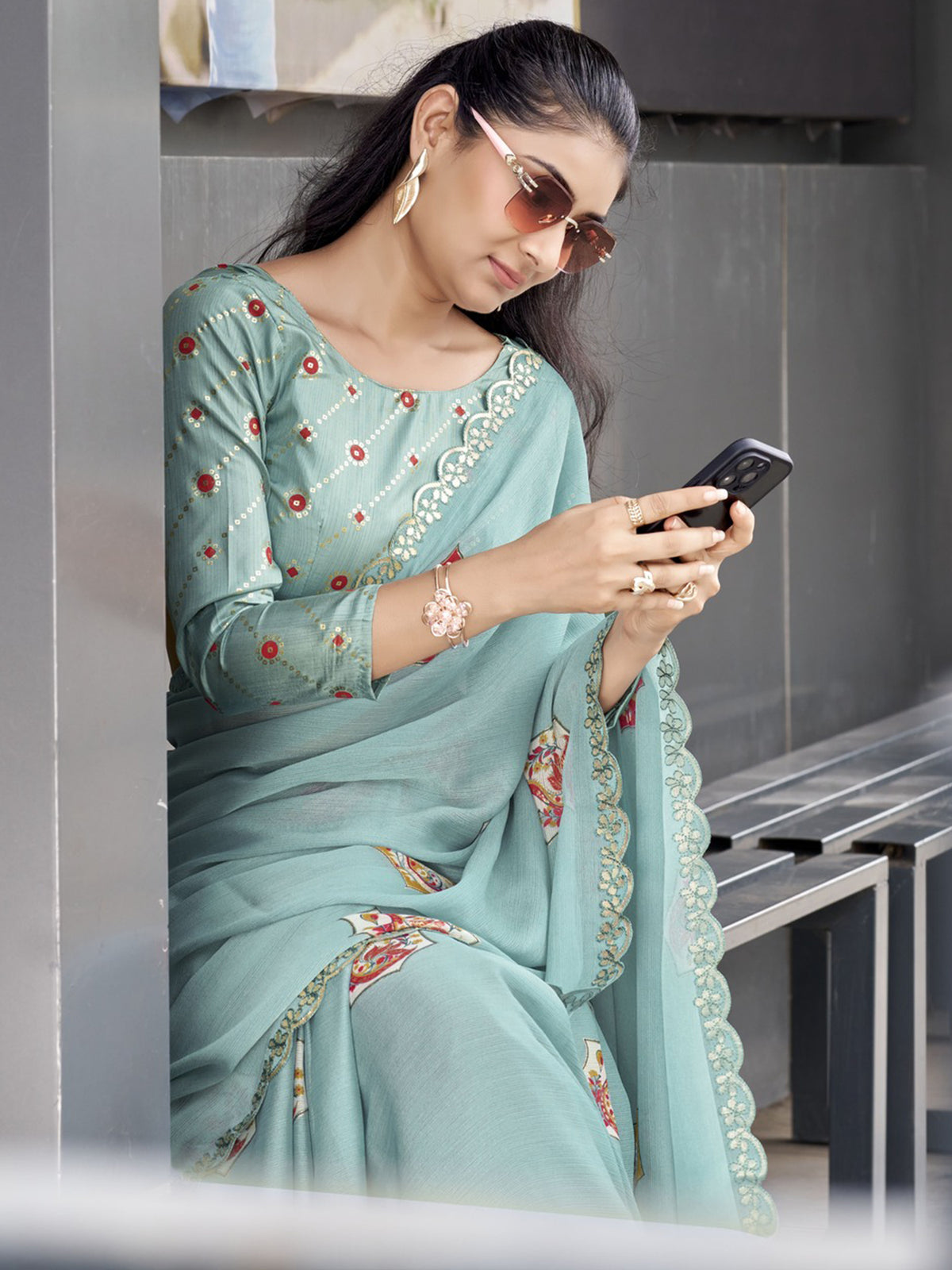 Aqua Blue chiffon saree view 3