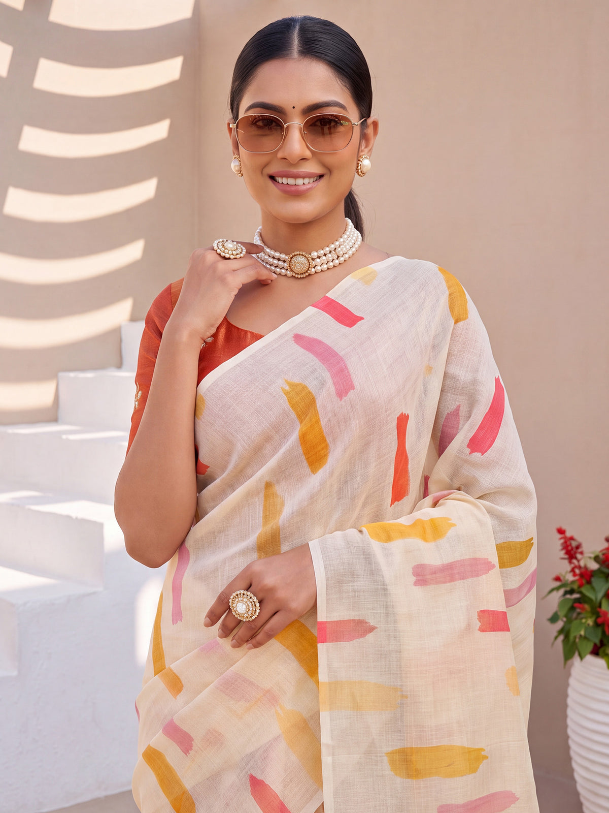 Cream Cotton Linen saree – detail view 4