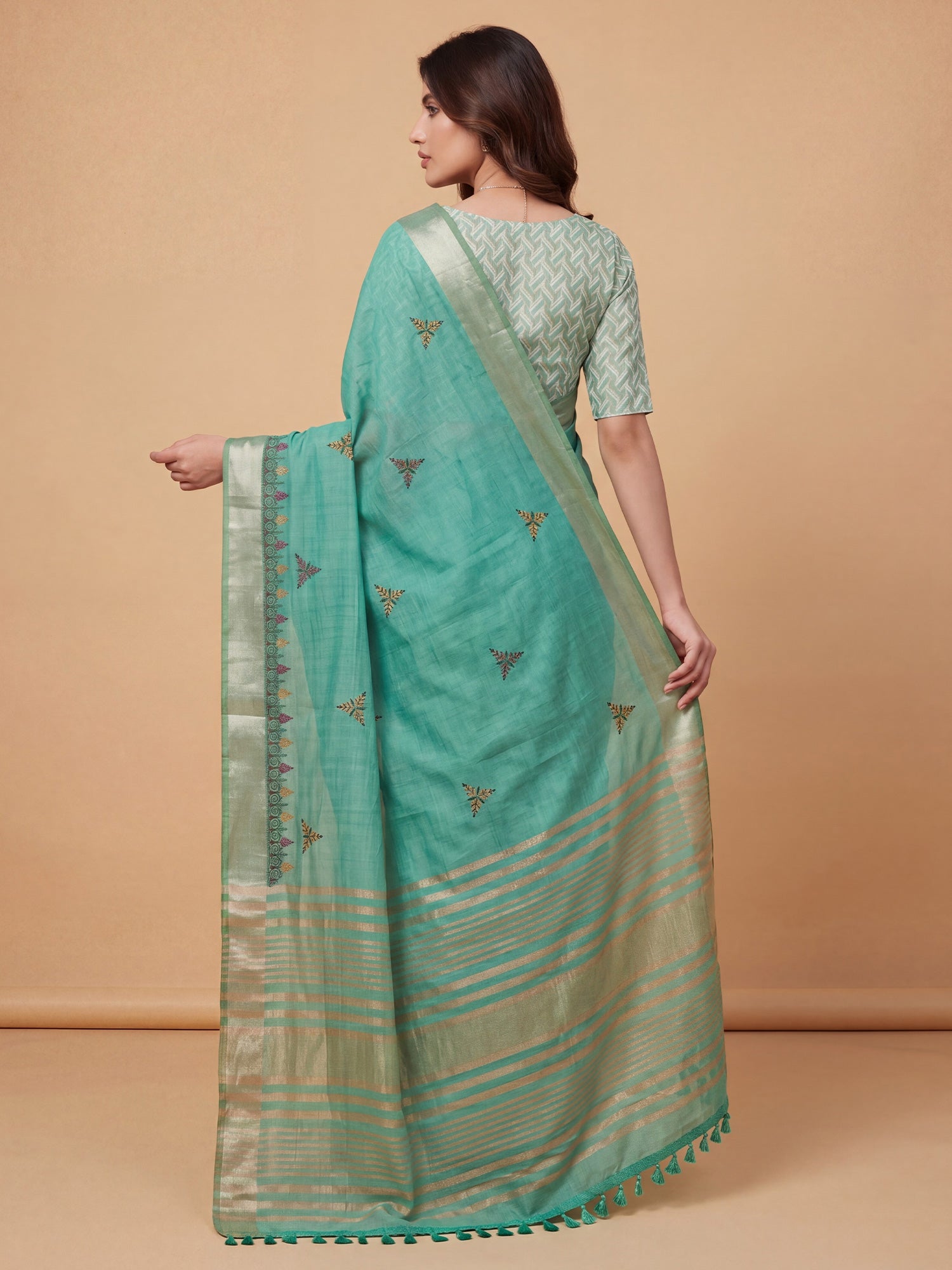 Sea Green Cotton Linen saree – detail view 1