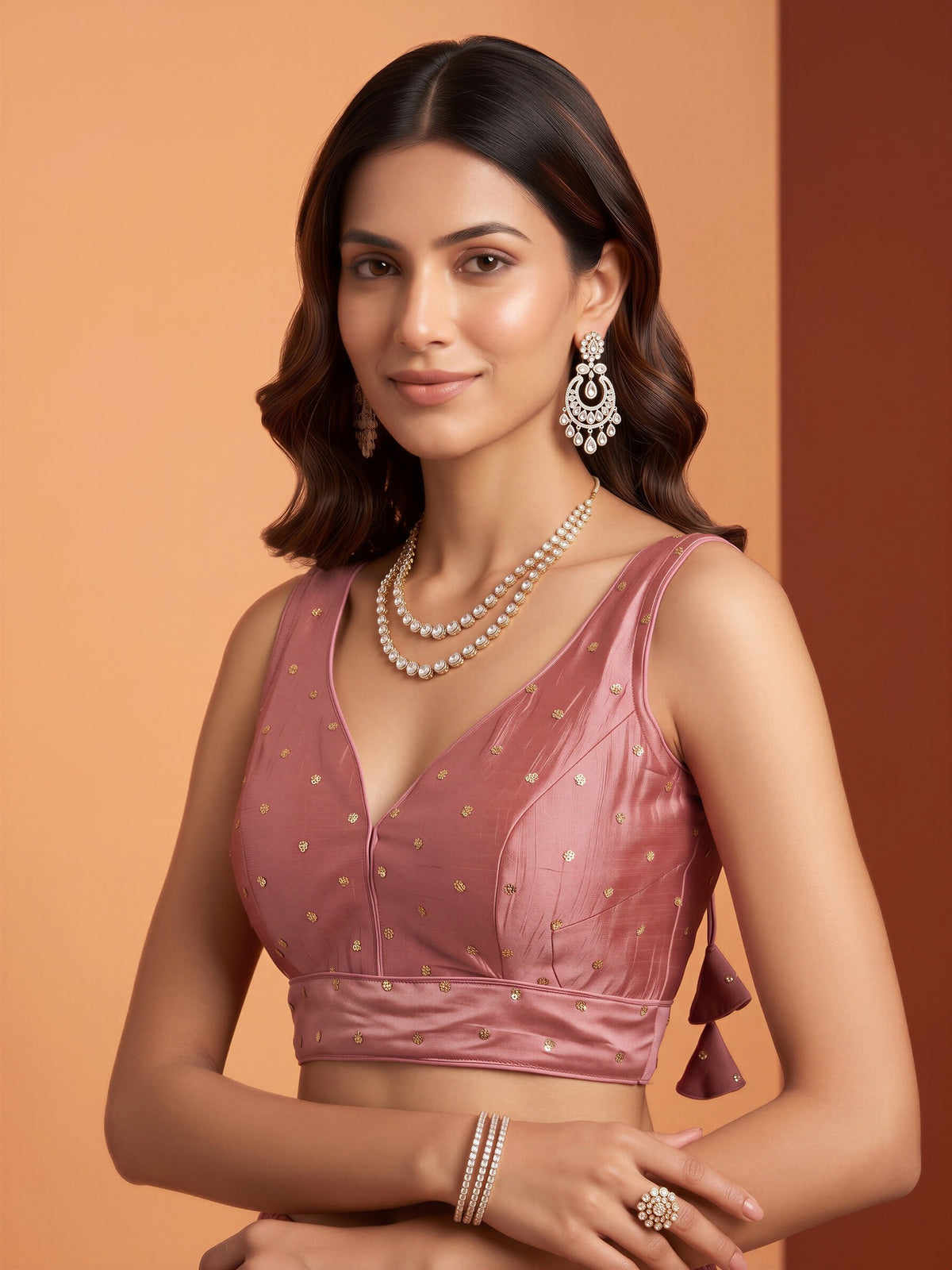 Rose Gold sequin embellished silk blend sleeveless readymade saree blouse with v neck view 3