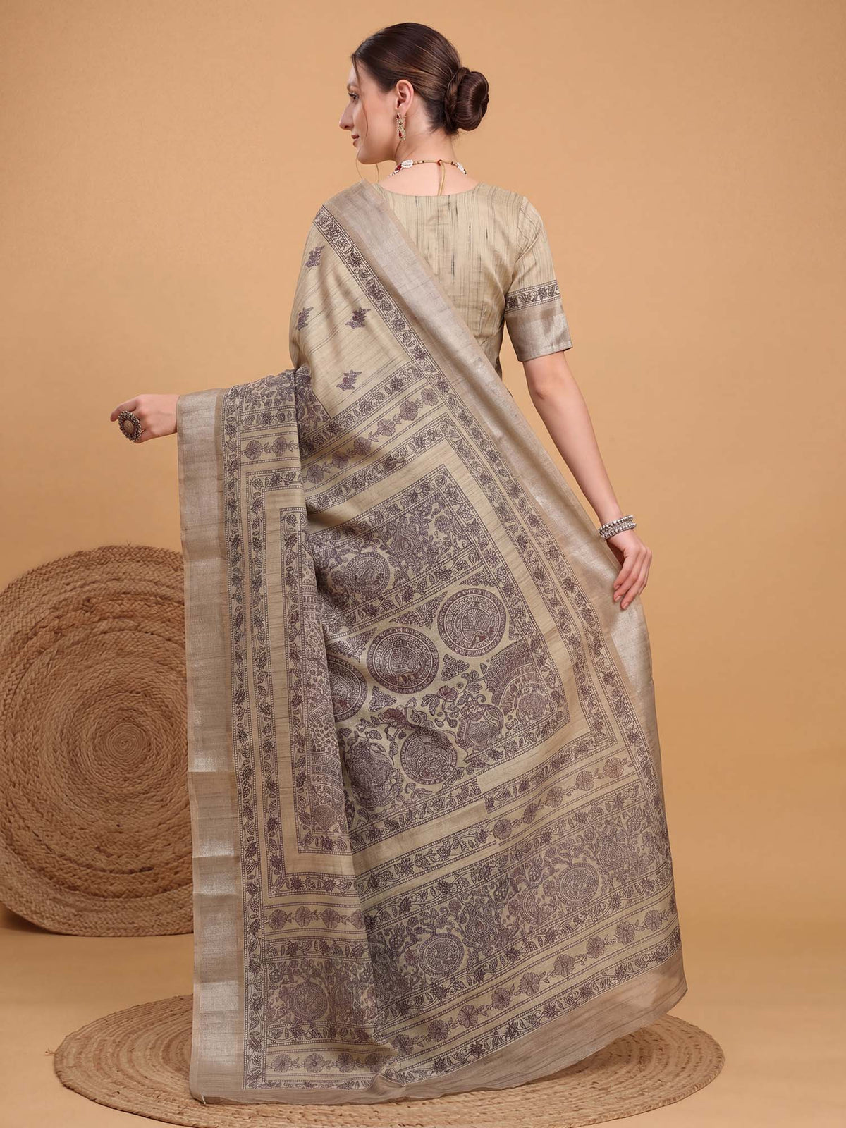 Beige Satin Silk saree – detail view 1