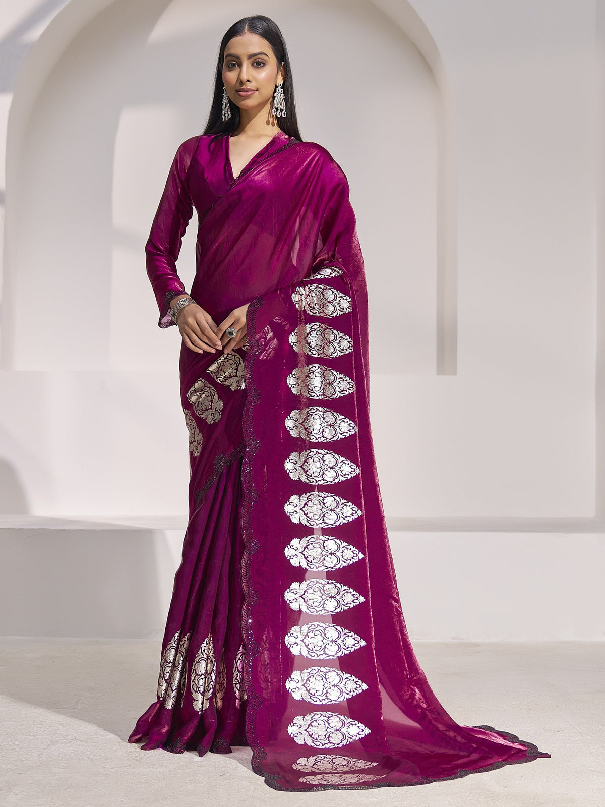 Magenta foil satin silk saree with magenta blouse piece