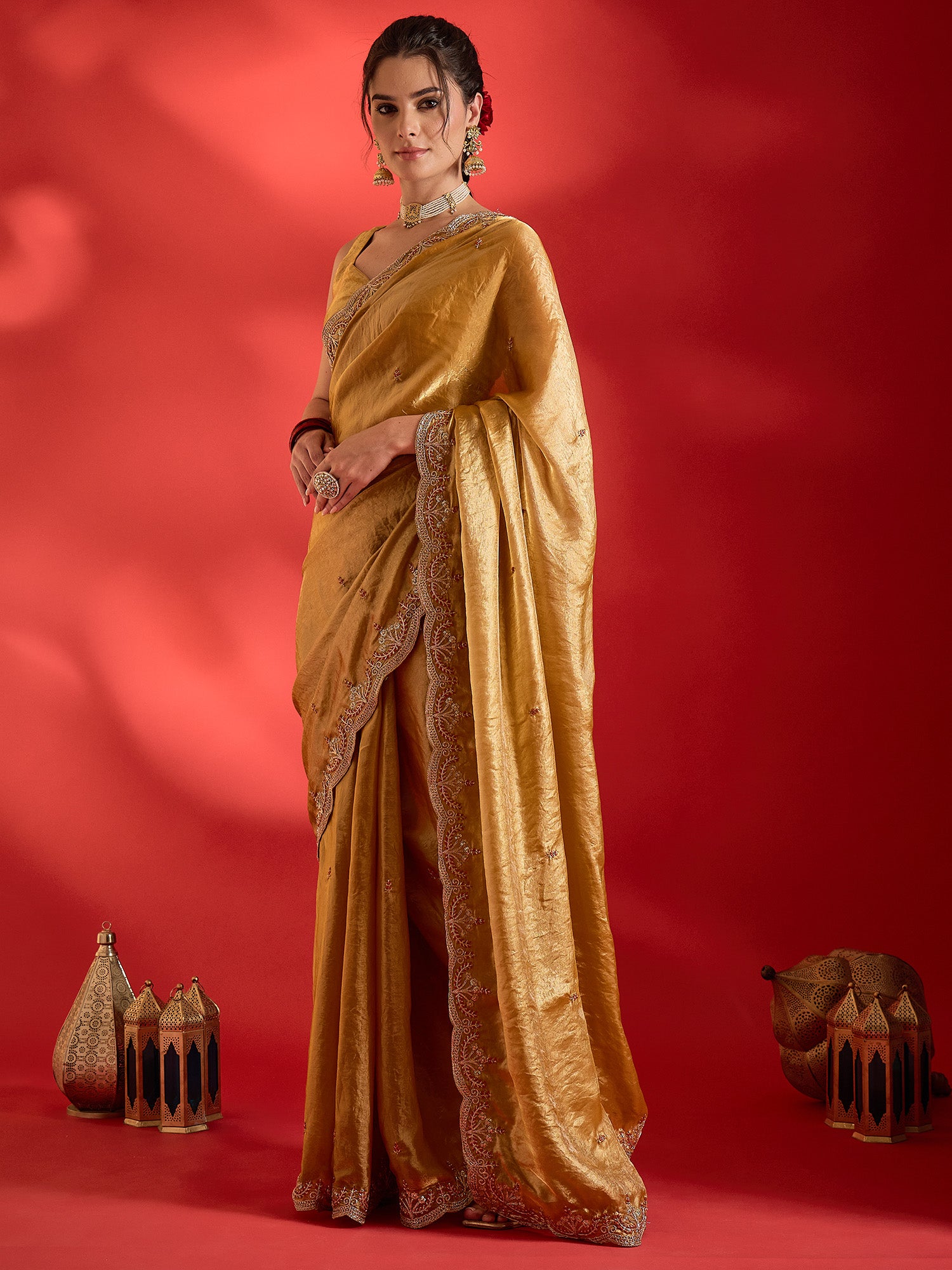 Mustard Satin saree – detail view 2