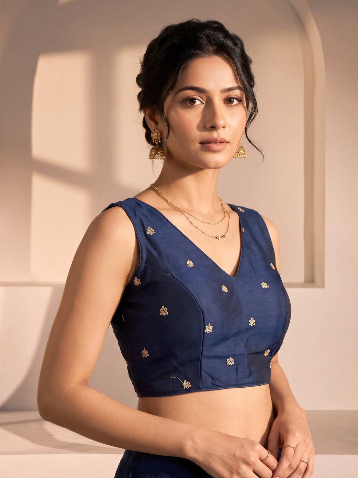 Teal Blue sequin embellished vichitra silk sleeveless readymade saree blouse with v neck