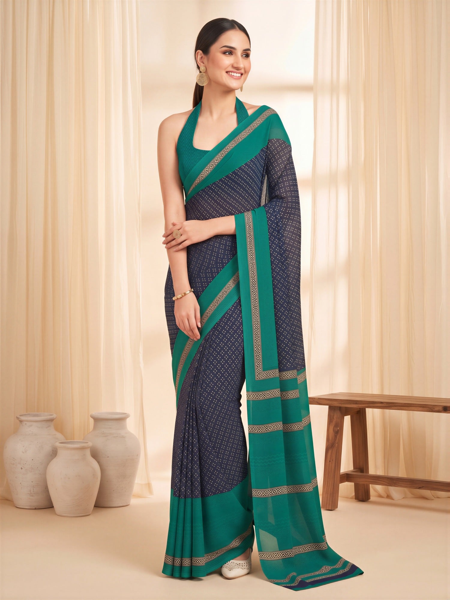 Navy Blue Crepe saree – detail view 3