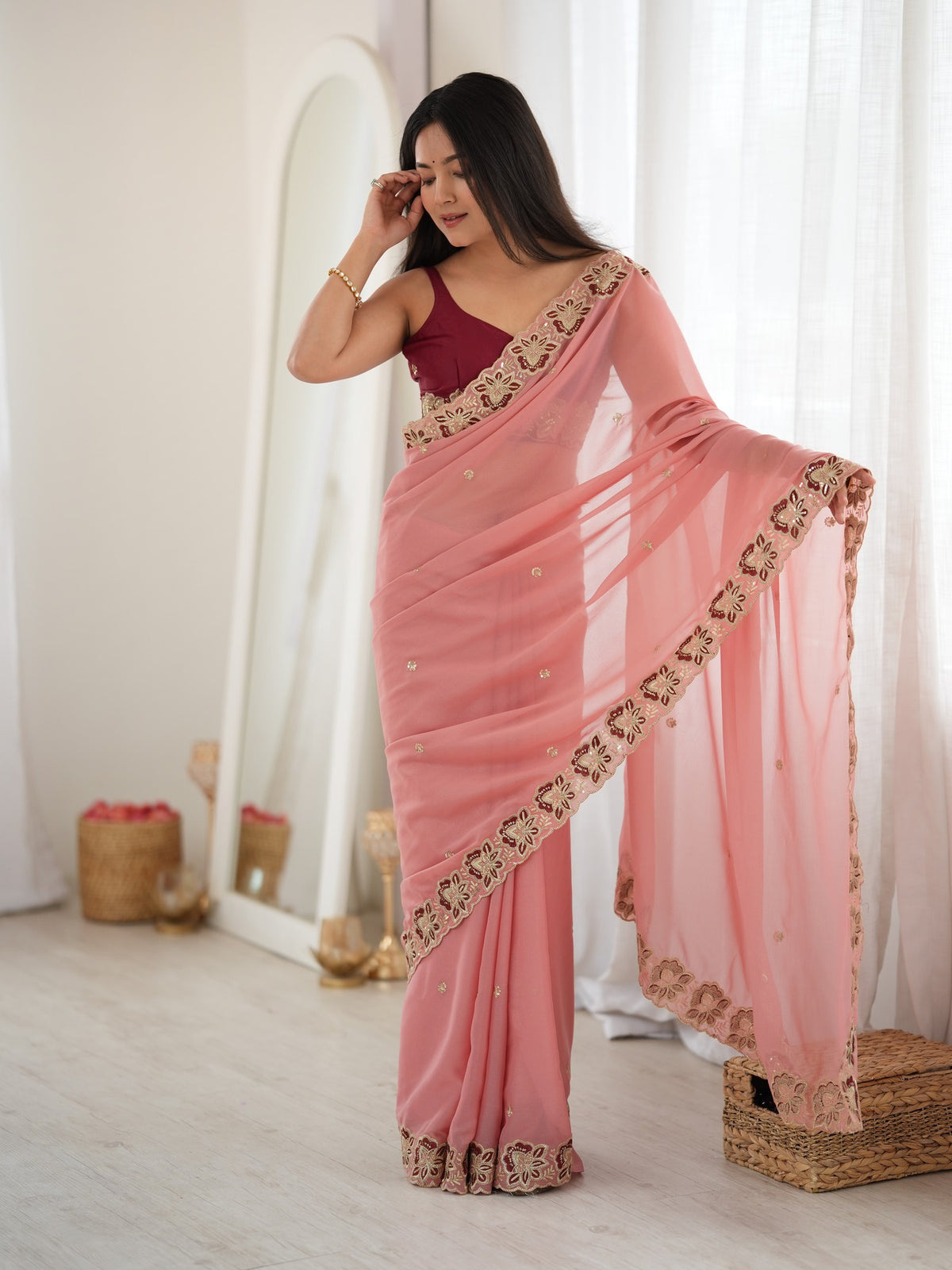 Peach Georgette saree – detail view 3