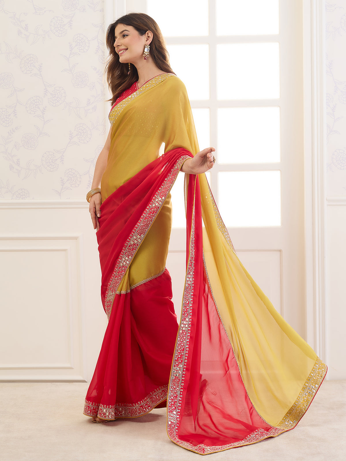Red Pure Georgette saree – detail view 2