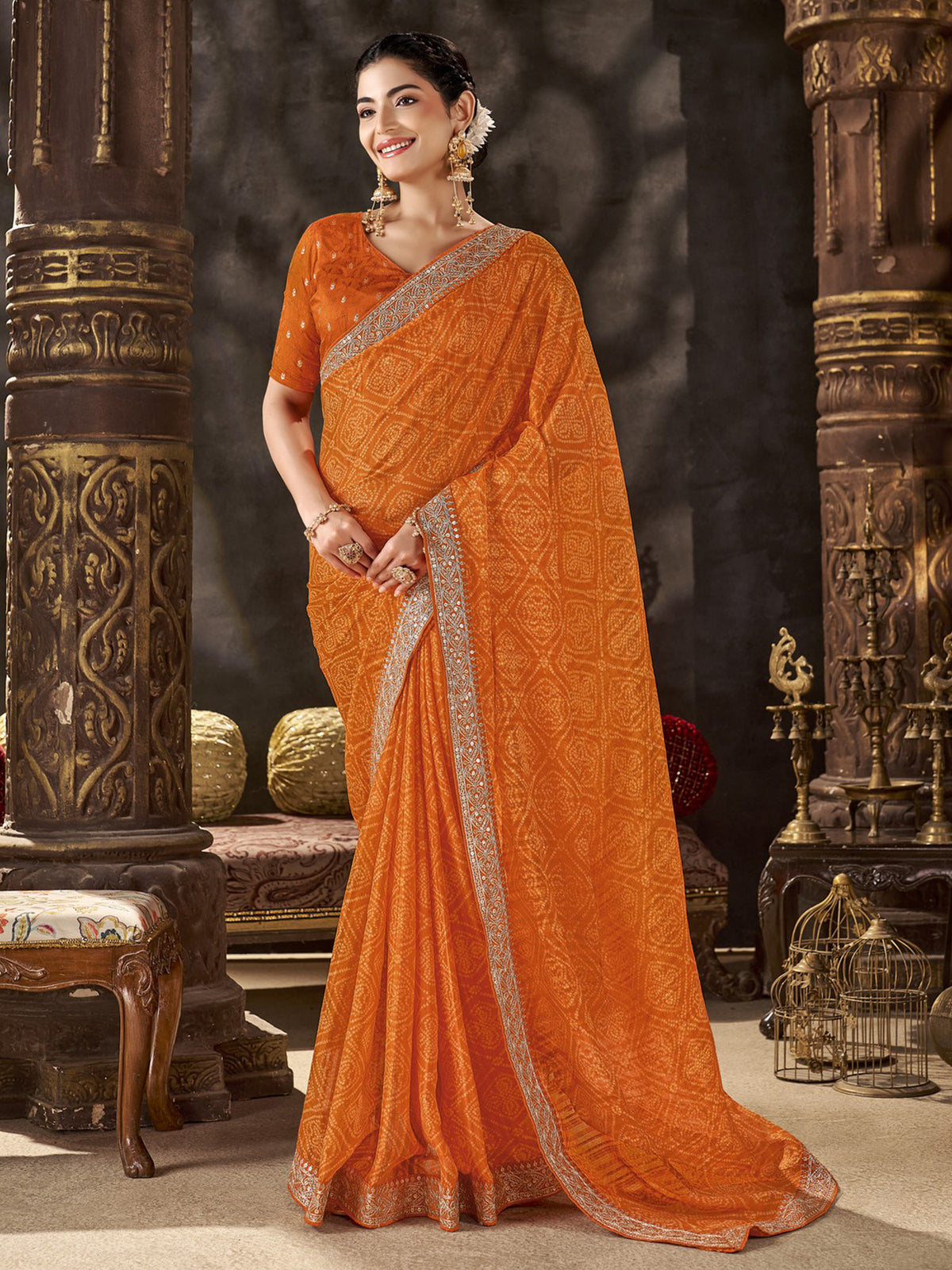 Orange Chiffon saree – detail view 3