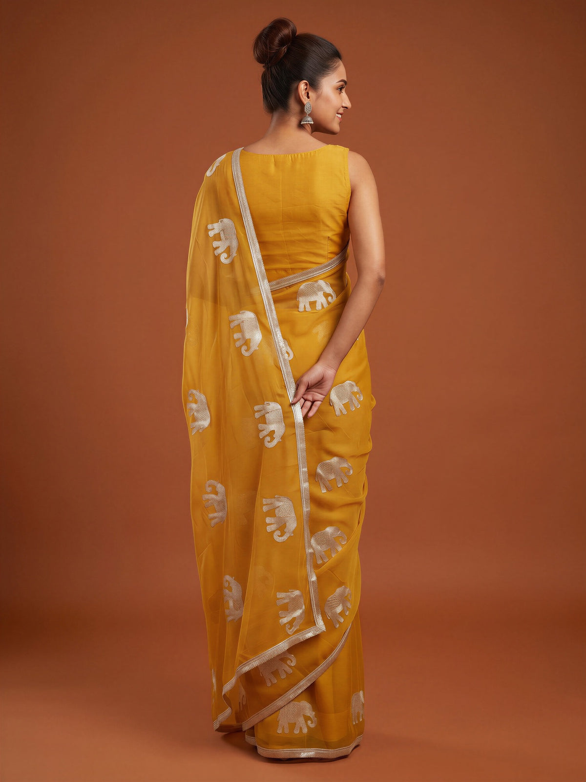 Mustard Georgette saree – detail view 1