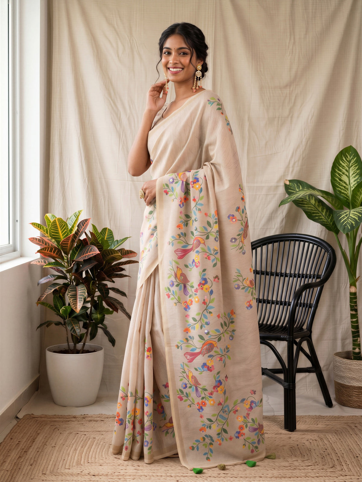Taupe Linen Blend saree – detail view 2