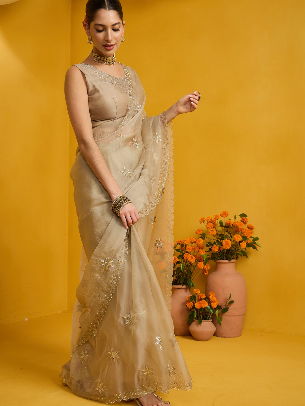 Beige Pure Georgette saree – detail view 2