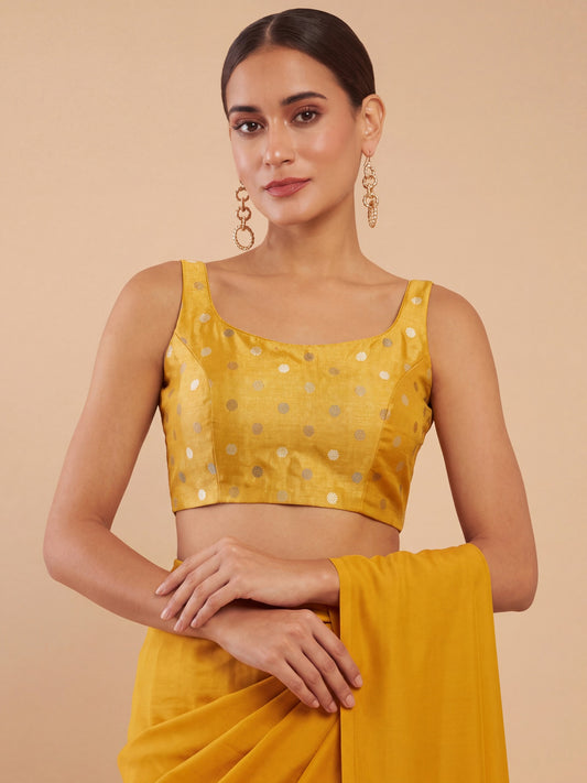 Yellow zari woven georgette sleeveless readymade saree blouse with round neck