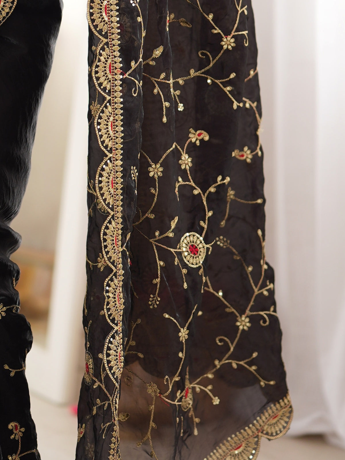 Pallu detail of black organza saree showing ornamented surface design and embellished border