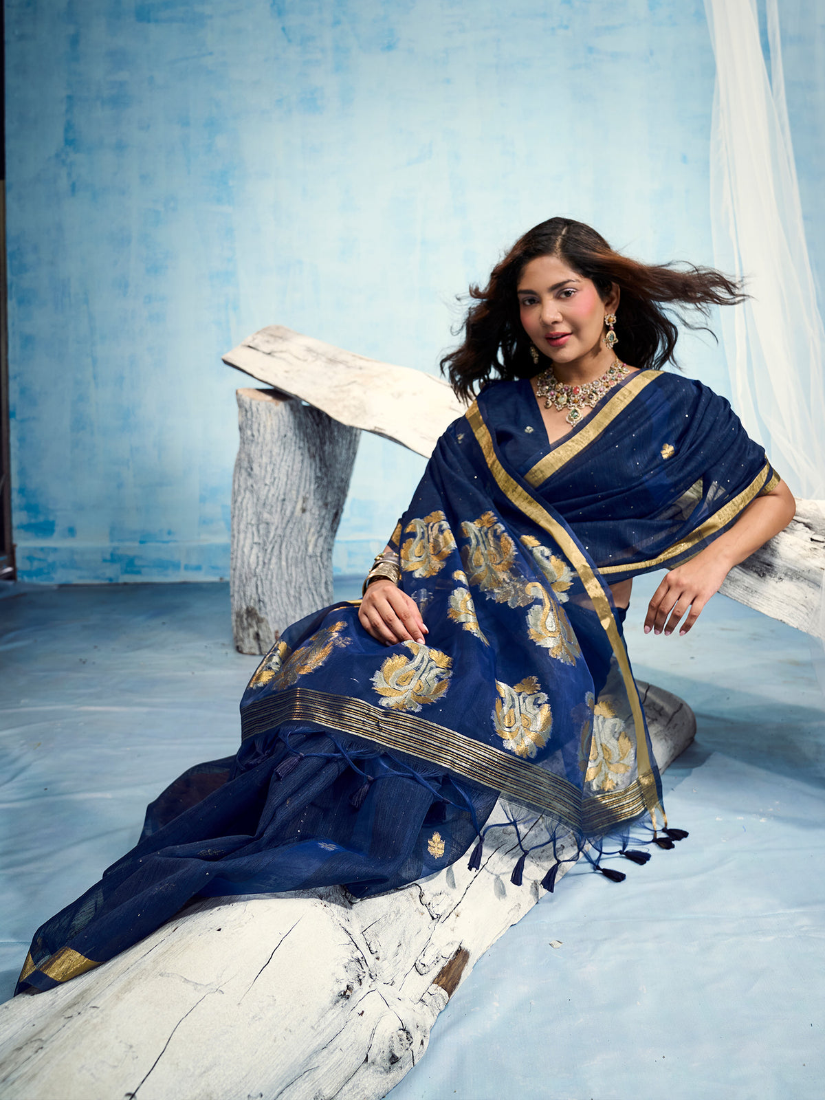 Navy Blue Muga Silk saree – detail view 3