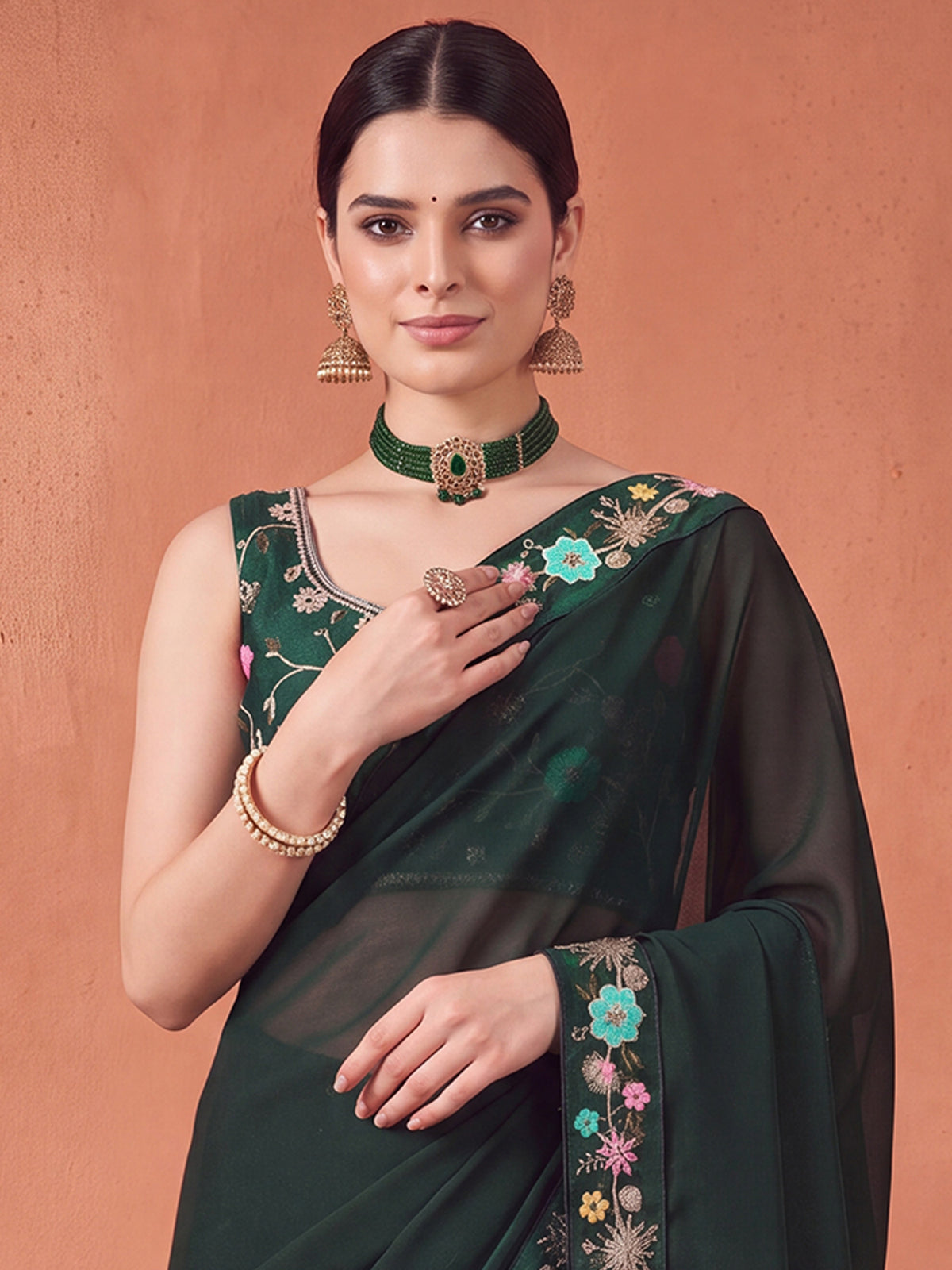 Green Poly Georgette saree – detail view 4