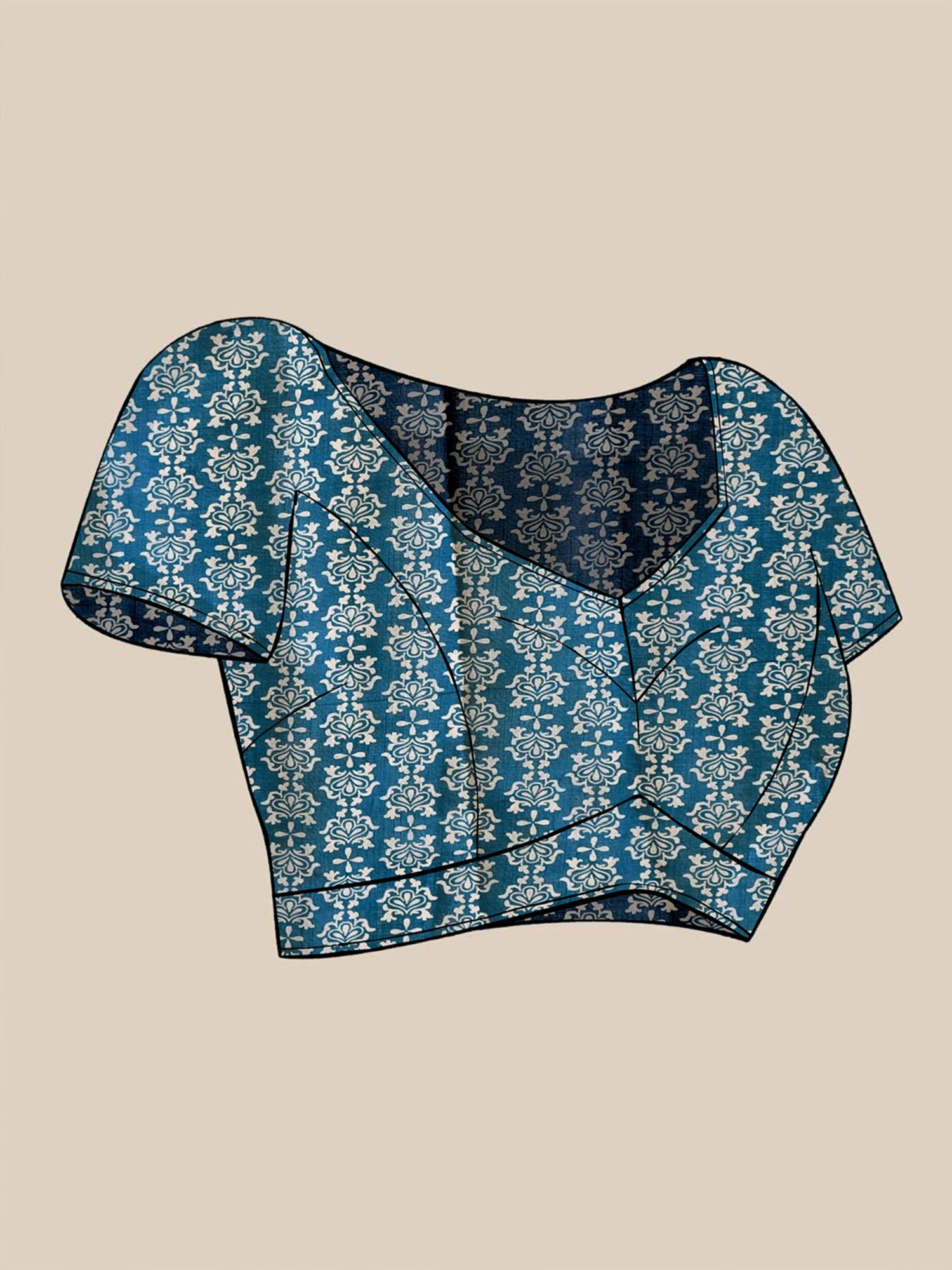 Unstitched teal blue cotton linen blouse piece with ethnic motif design
