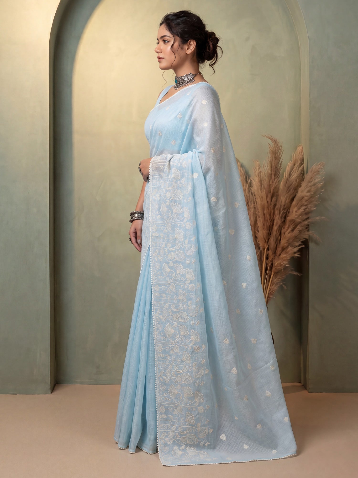 Light Blue Kota Doria Cotton saree – detail view 2