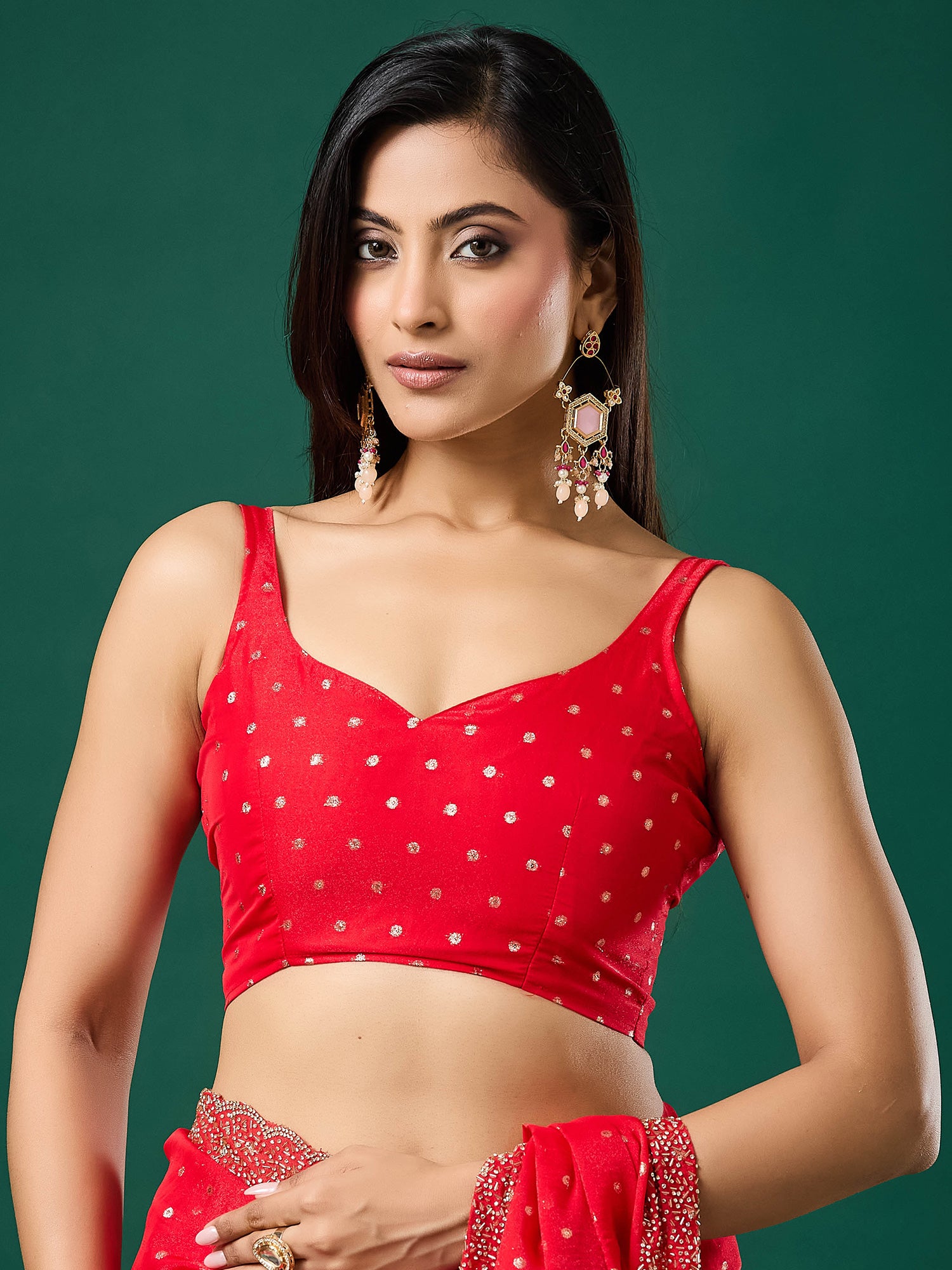 Unstitched red silk blend blouse piece with zari butta design