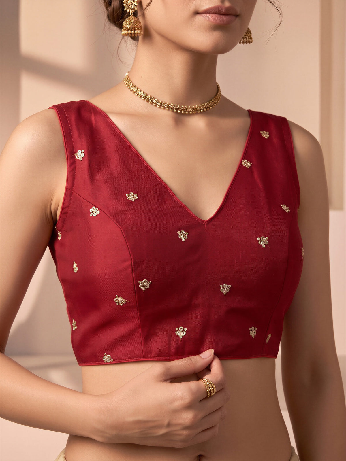 Red sequin embellished vichitra silk sleeveless readymade saree blouse with v neck view 4