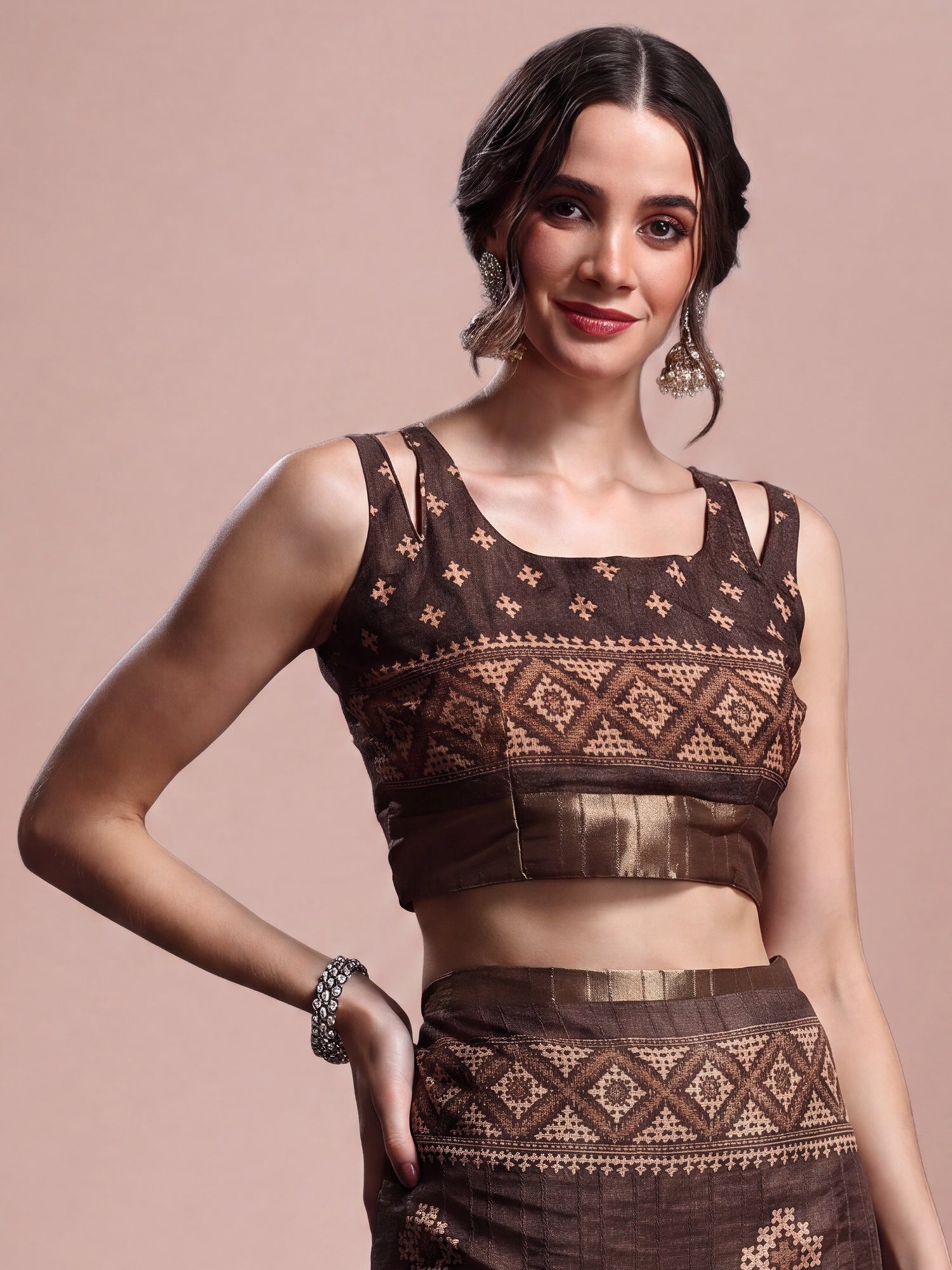 Unstitched brown silk blend blouse piece with geometric design