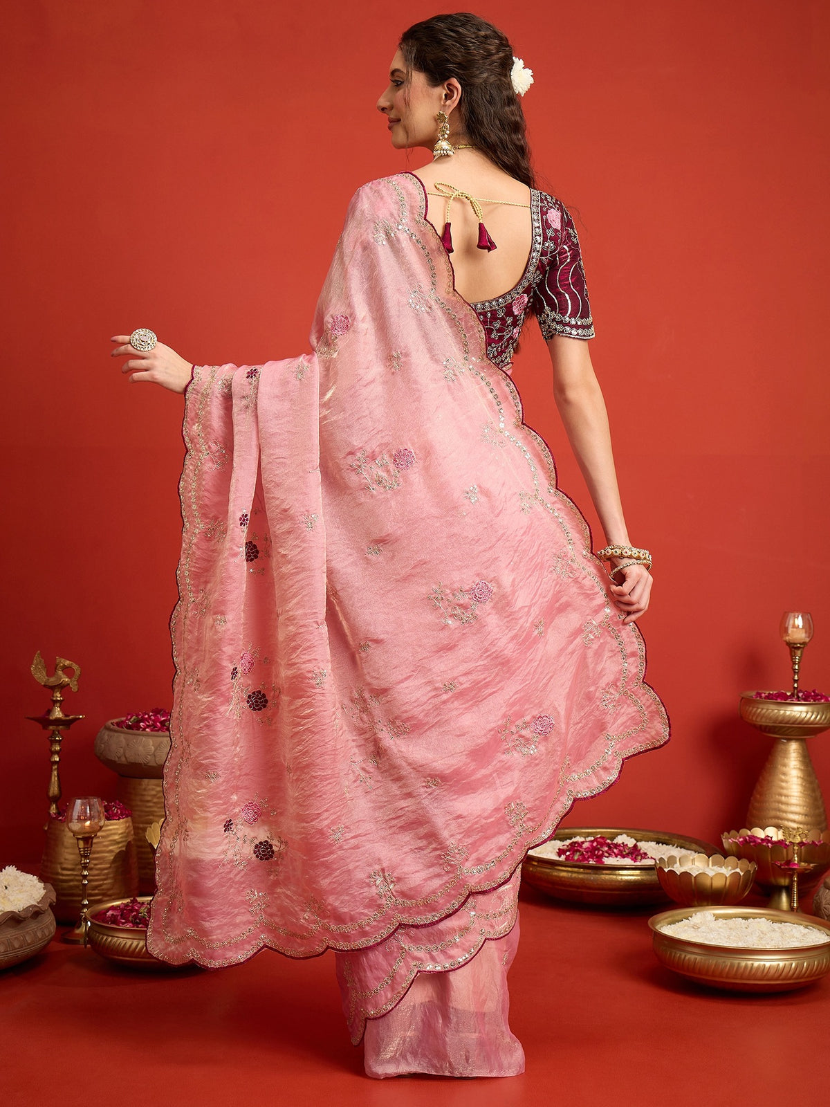 Pink Satin Silk saree – detail view 6