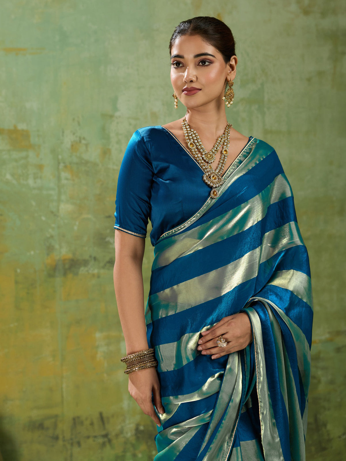 Teal Blue Satin Silk saree – detail view 4