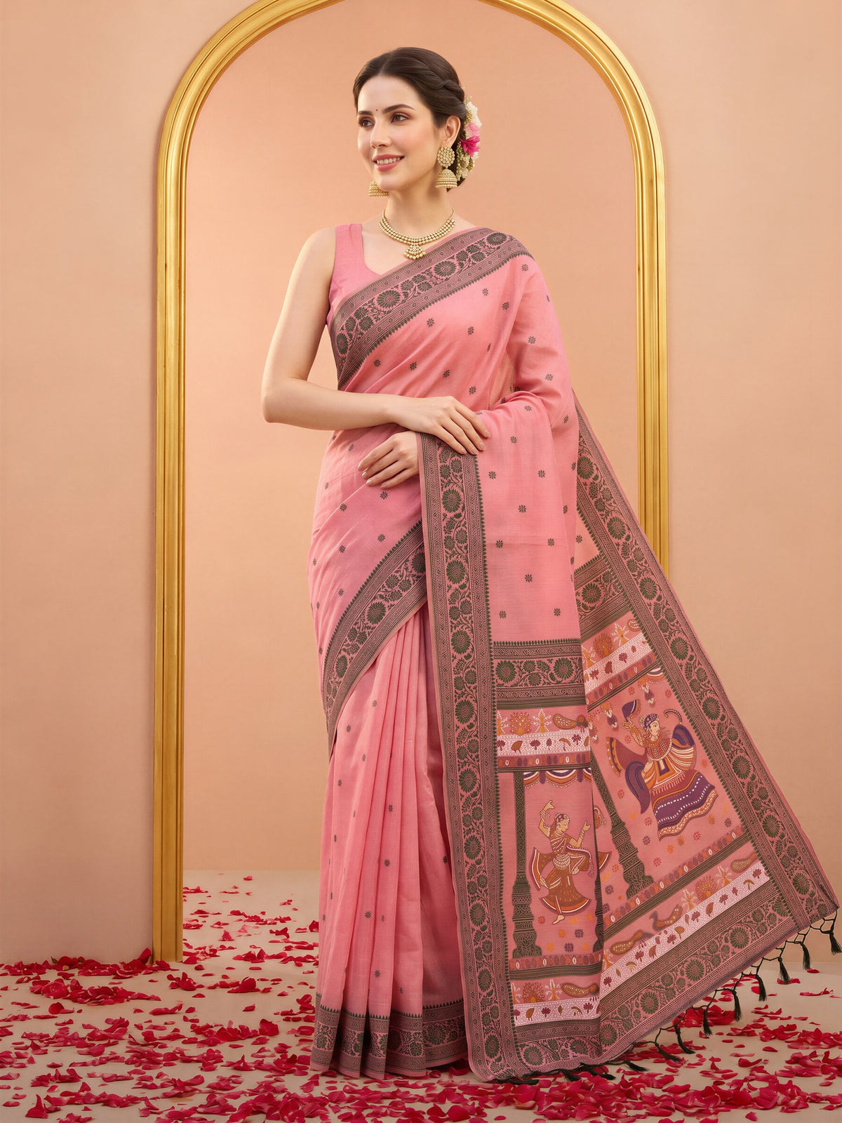 Peach ethnic motif cotton blend saree with peach blouse piece