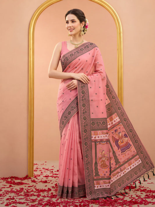 Peach ethnic motif cotton blend saree with peach blouse piece