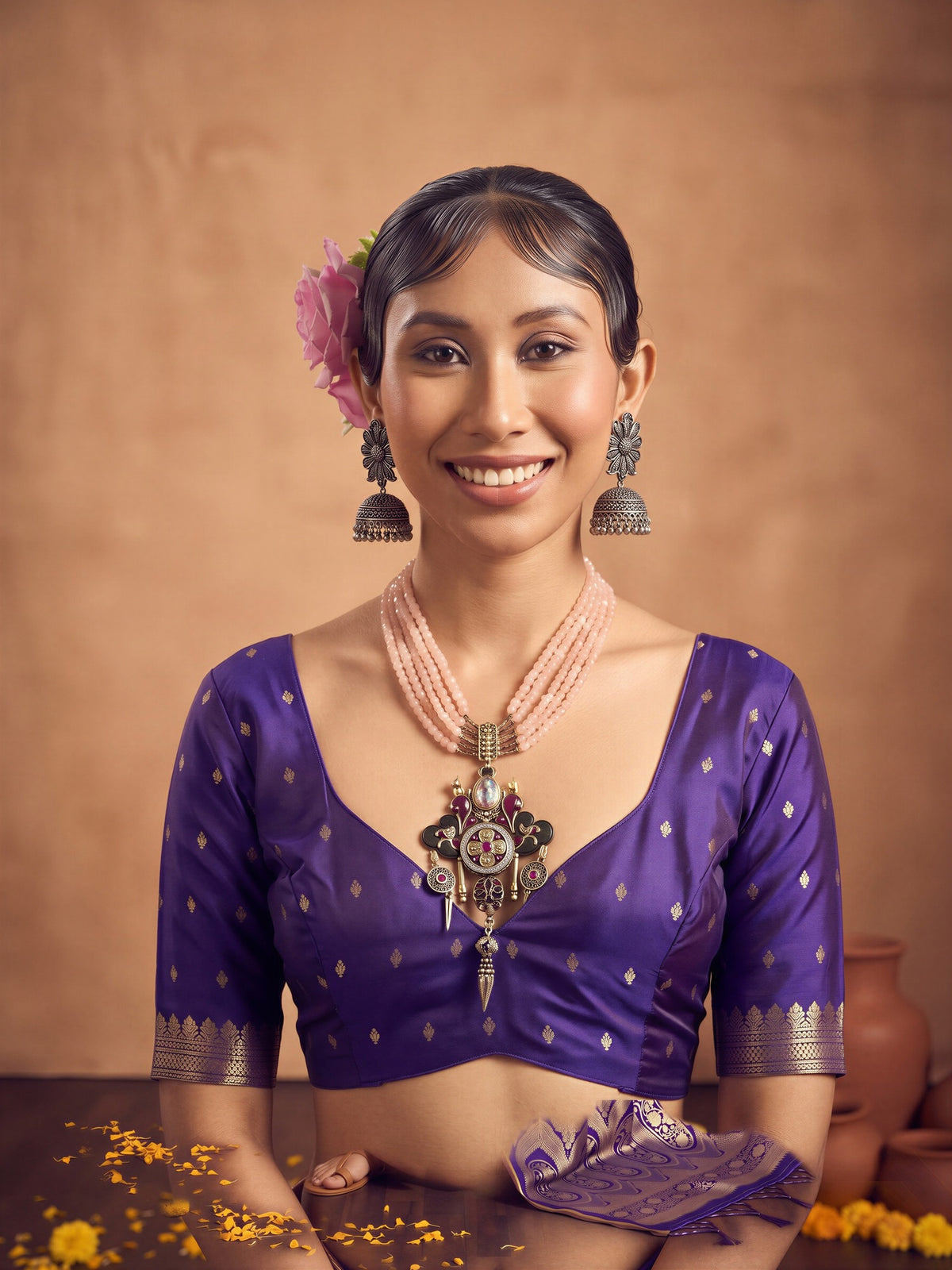 Unstitched purple satin blouse piece with zari butta design