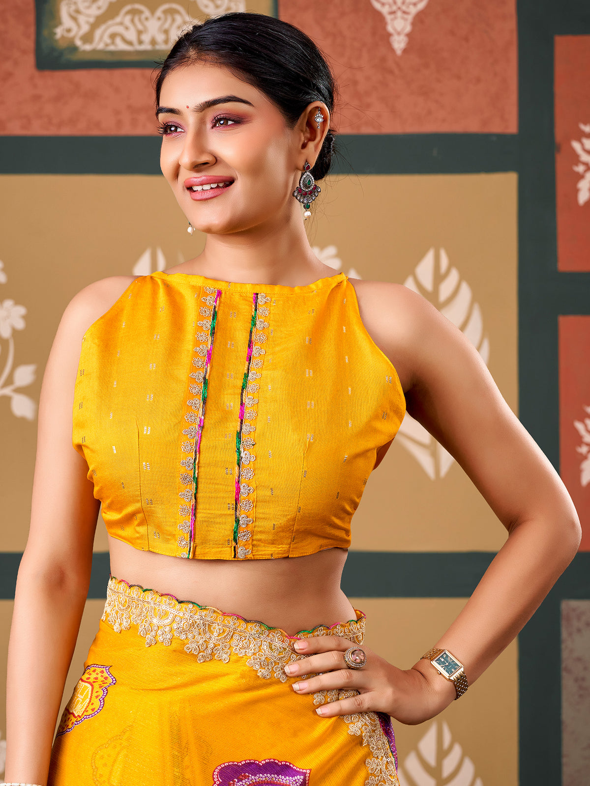 Unstitched yellow banarasi silk blouse piece with embellished design