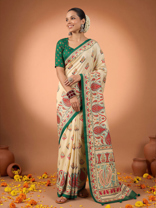 Woman wearing off white silk blend saree with metallic foil print work and green blouse