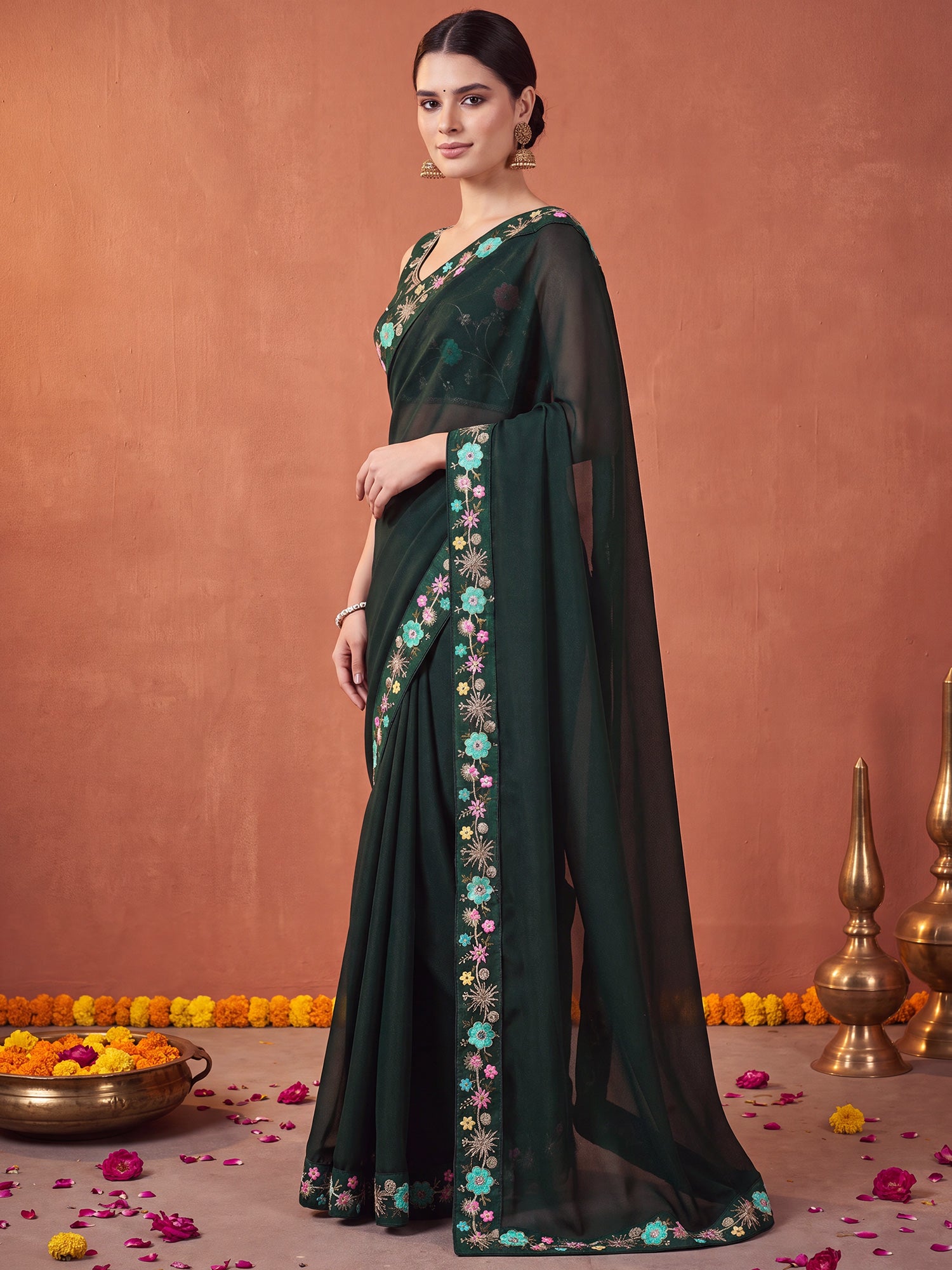 Green Poly Georgette saree – detail view 2