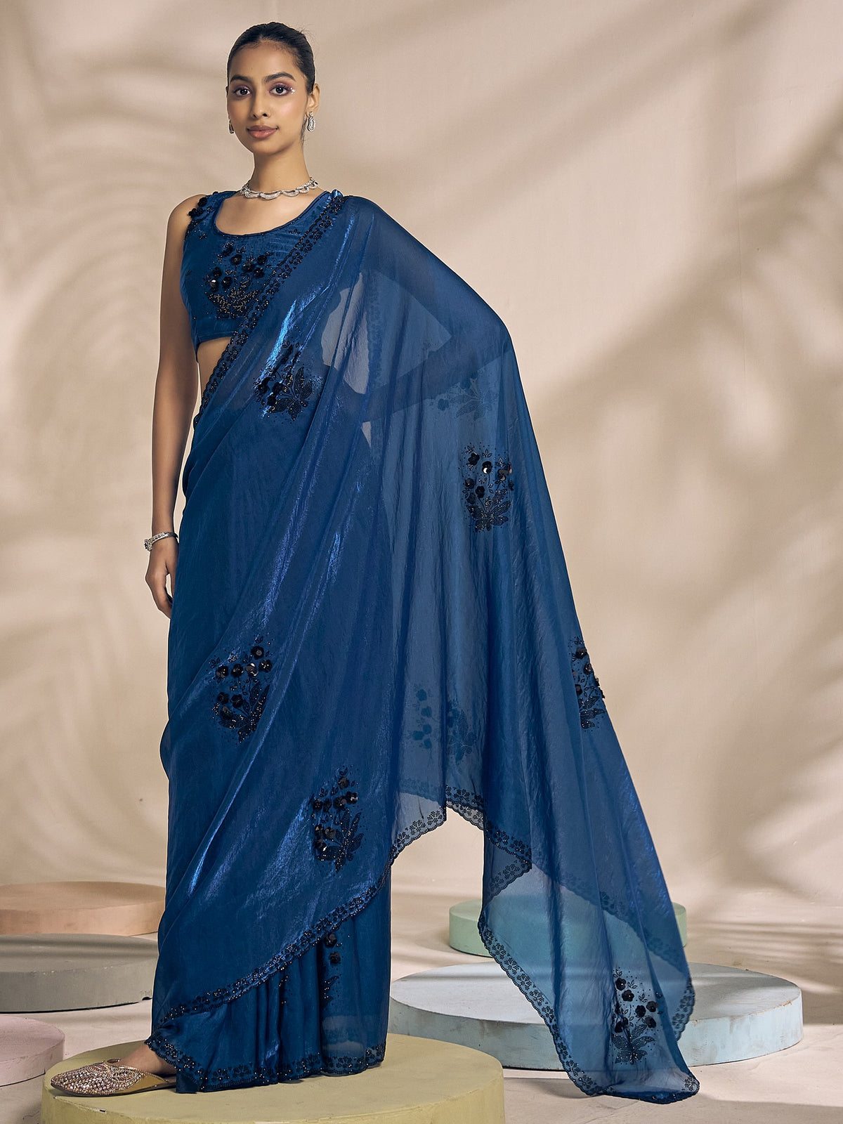 Teal Blue satin silk saree view 3
