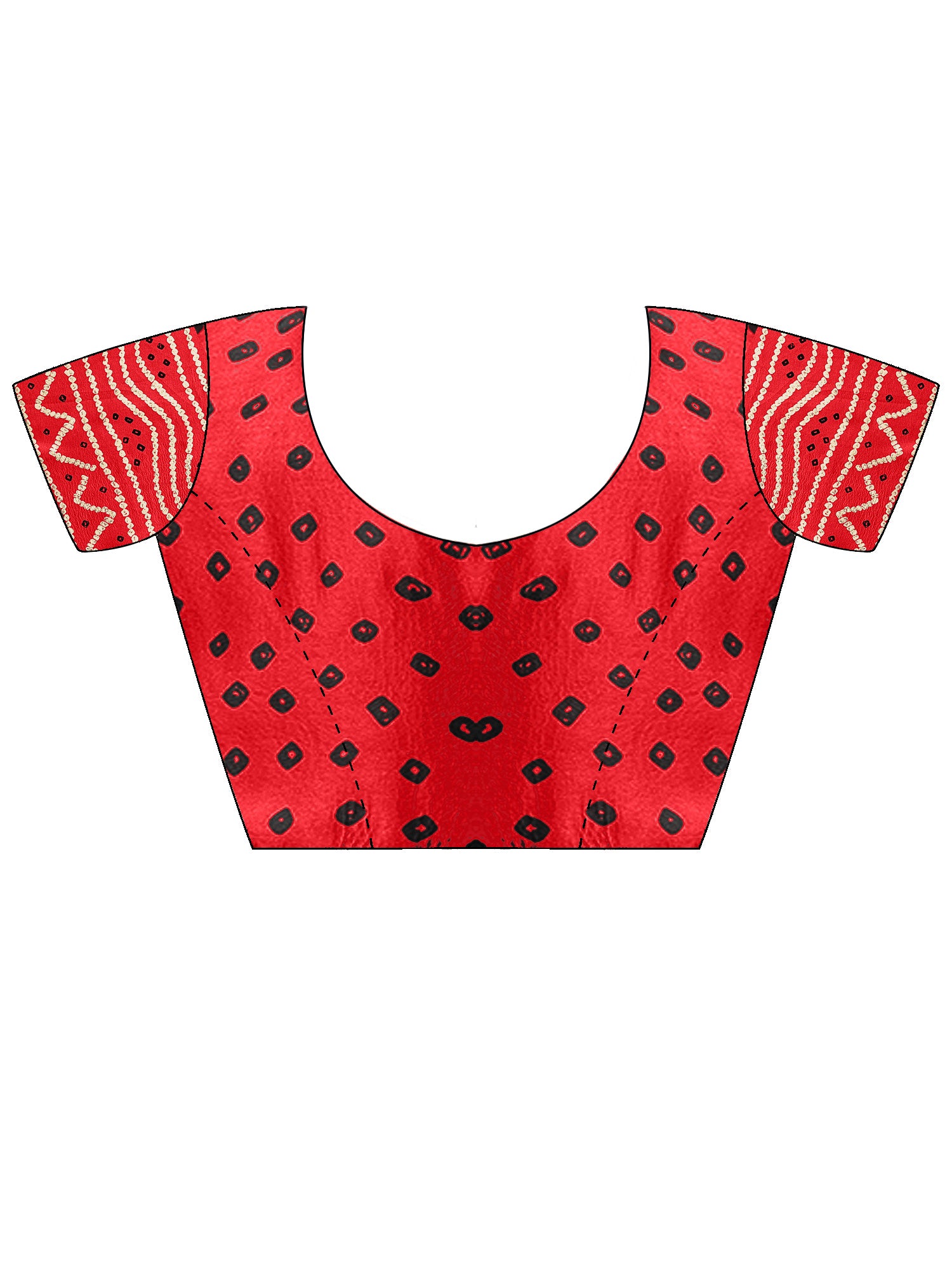 Unstitched red satin silk blouse piece with bandhani design