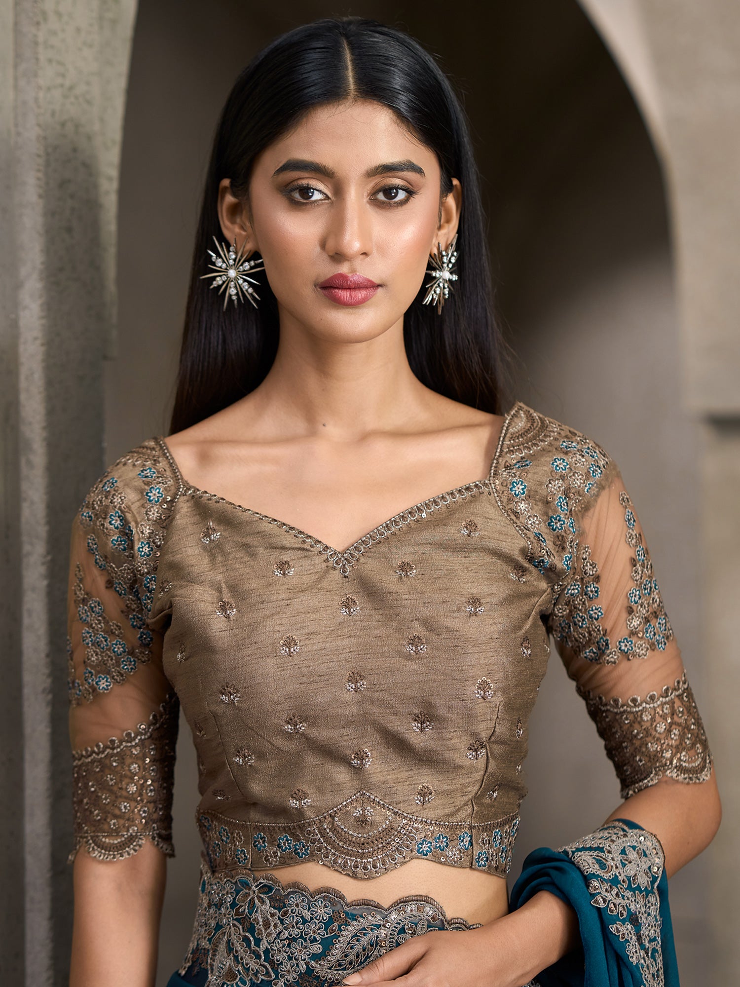 Unstitched grey banglori silk blouse piece with embellished design