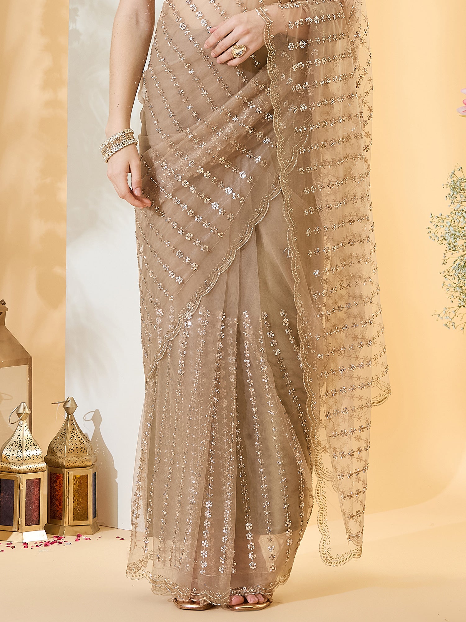 Beige Net saree – detail view 5